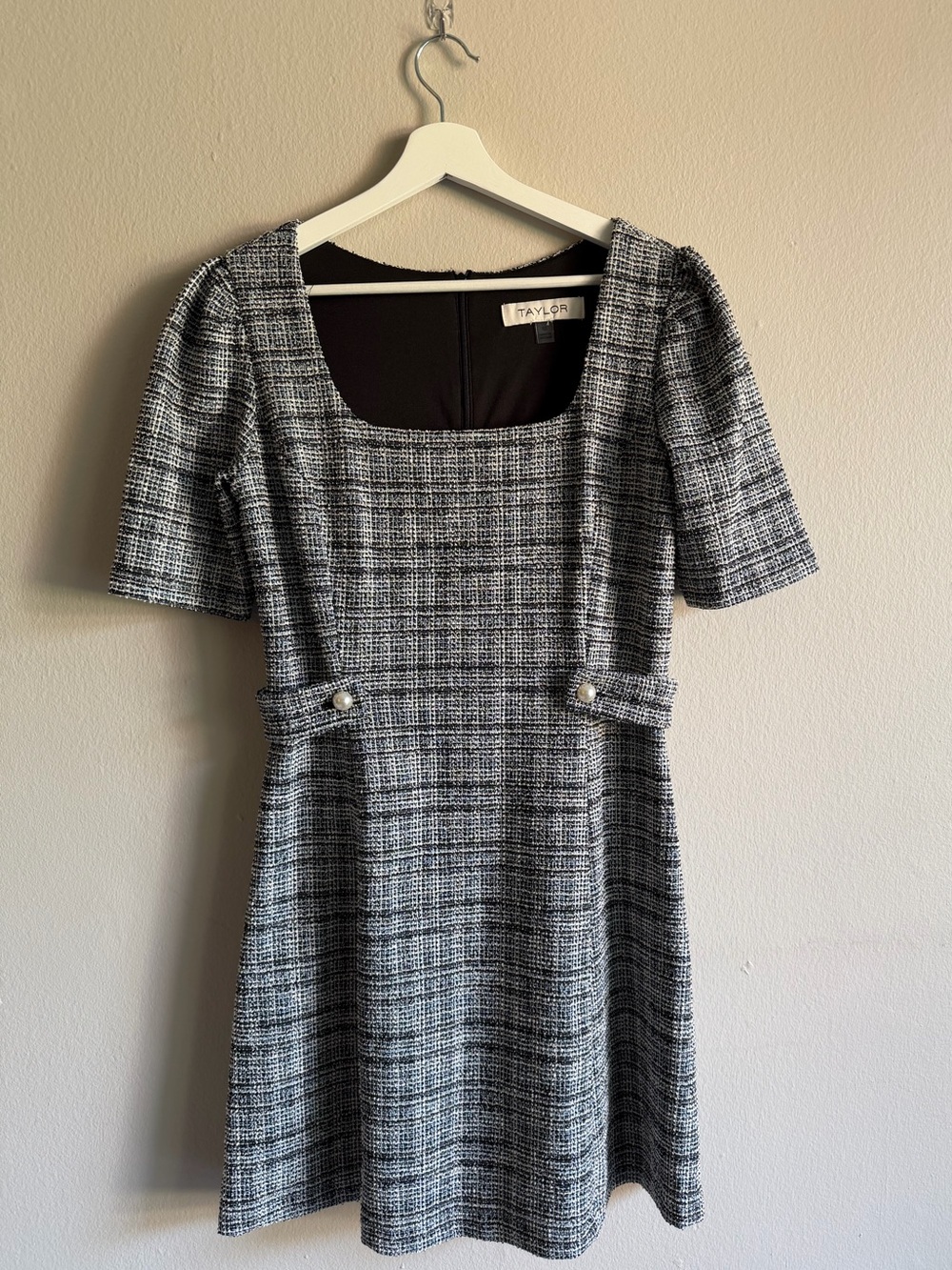 Taylor Black & White Tweed Square Neck Mini Dress with Pearl Tabs